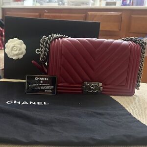 Burgundy Chevron Lambskin Boy Bag Medium